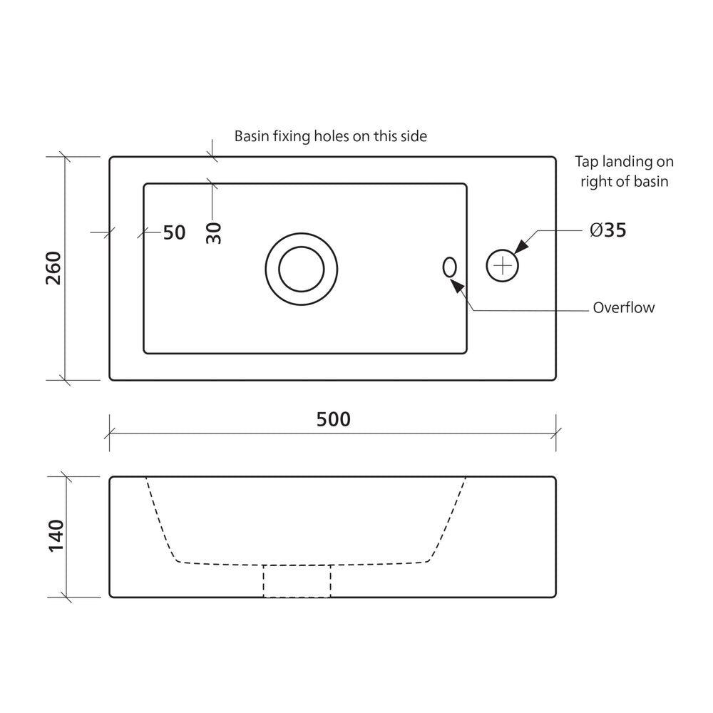 SEIMA KYRA 521 WALL HUNG BASIN WITH TAPHOLE & OVERFLOW GLOSS WHITE 500MM