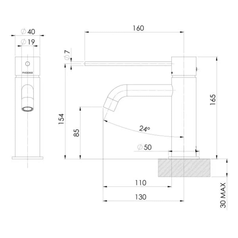 PHOENIX VIVID SLIMLINE BASIN MIXER CURVED OUTLET WITH EXTENDED LEVER 165MM BRUSHED CARBON
