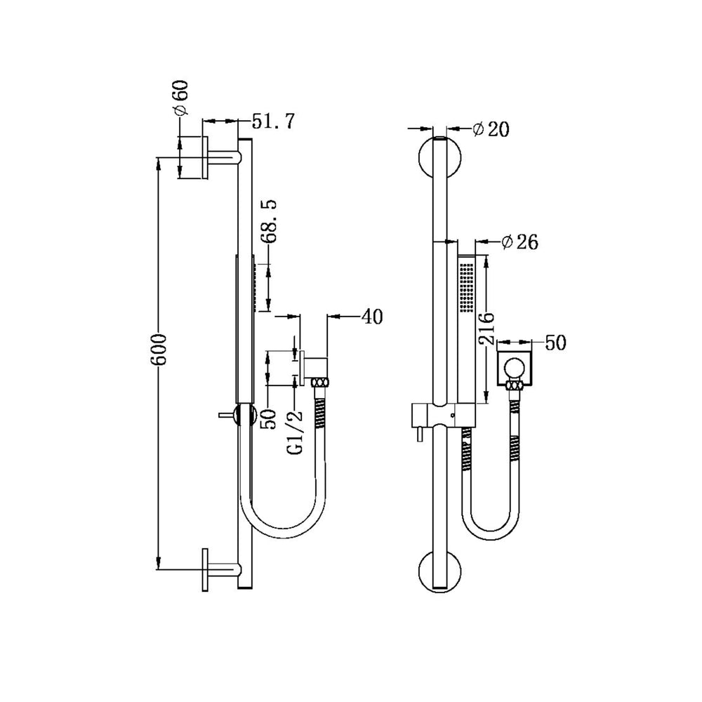 NERO DOLCE SHOWER RAIL WITH SLIM HAND SHOWER 600MM CHROME