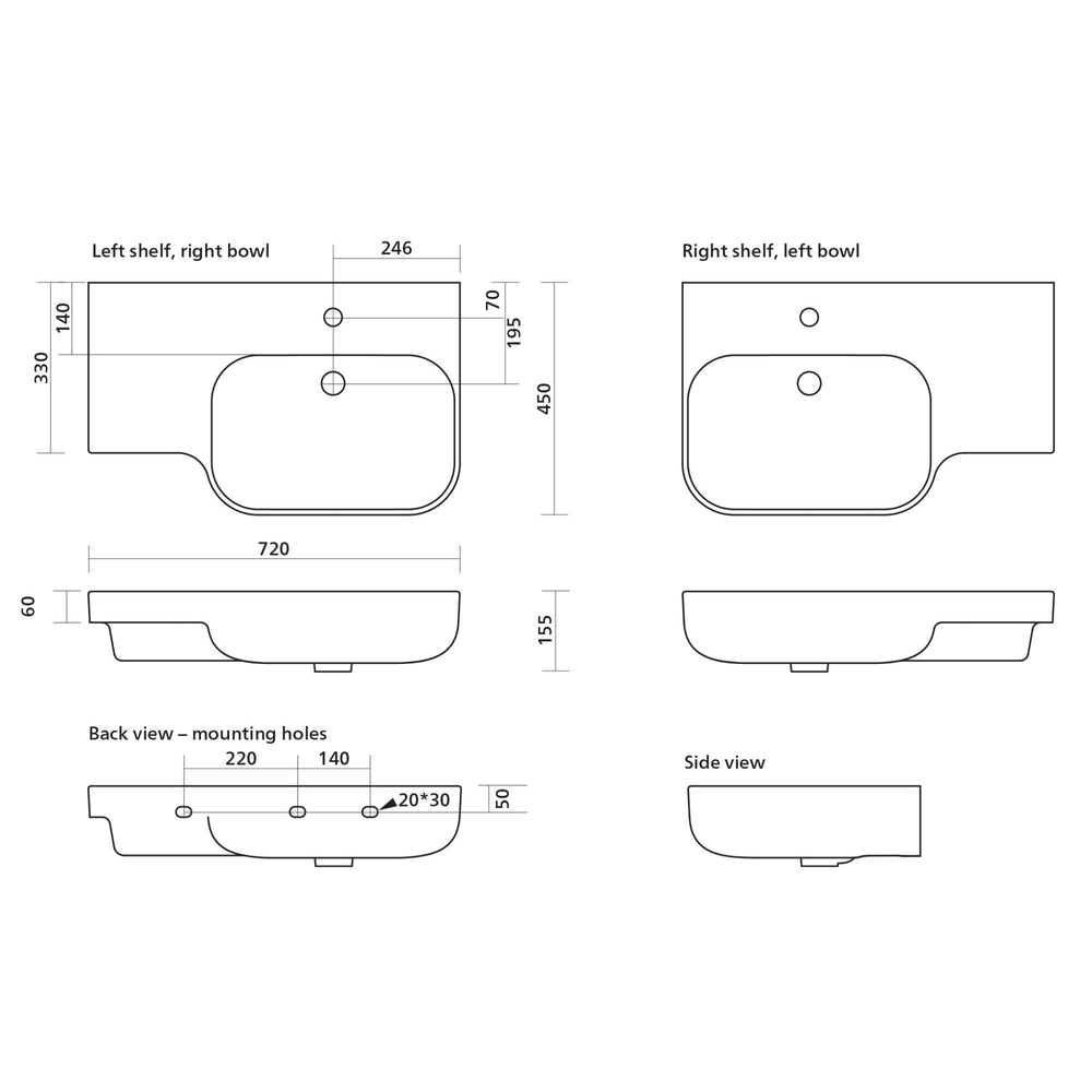 SEIMA LIMNI 720 WALL HUNG BASIN WITH OVERFLOW GLOSS WHITE 720MM
