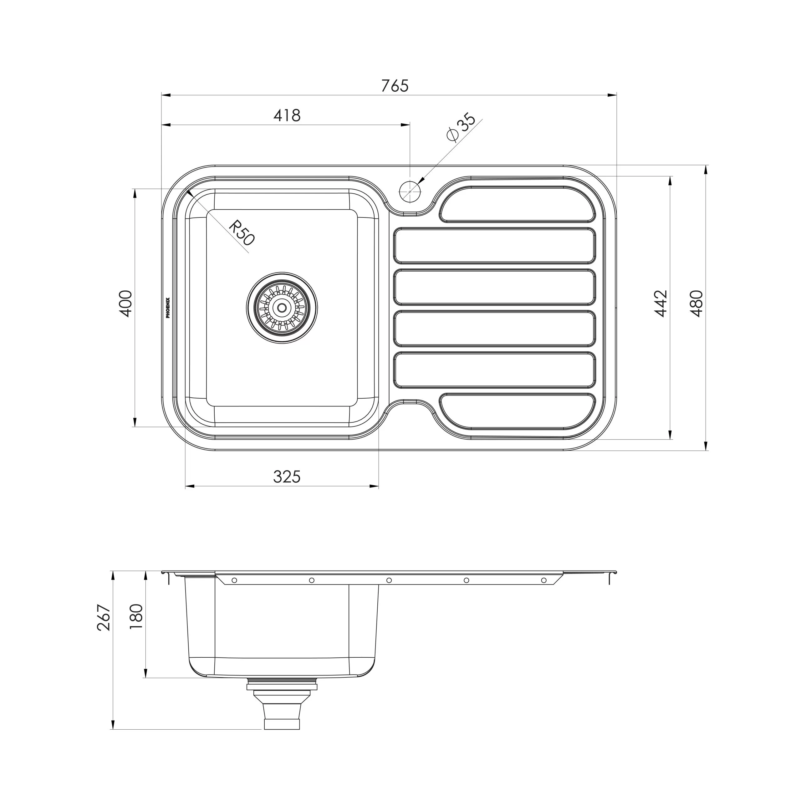 PHOENIX 1000 SERIES SINGLE BOWL SINK WITH DRAINER AND TAPHOLE 765MM