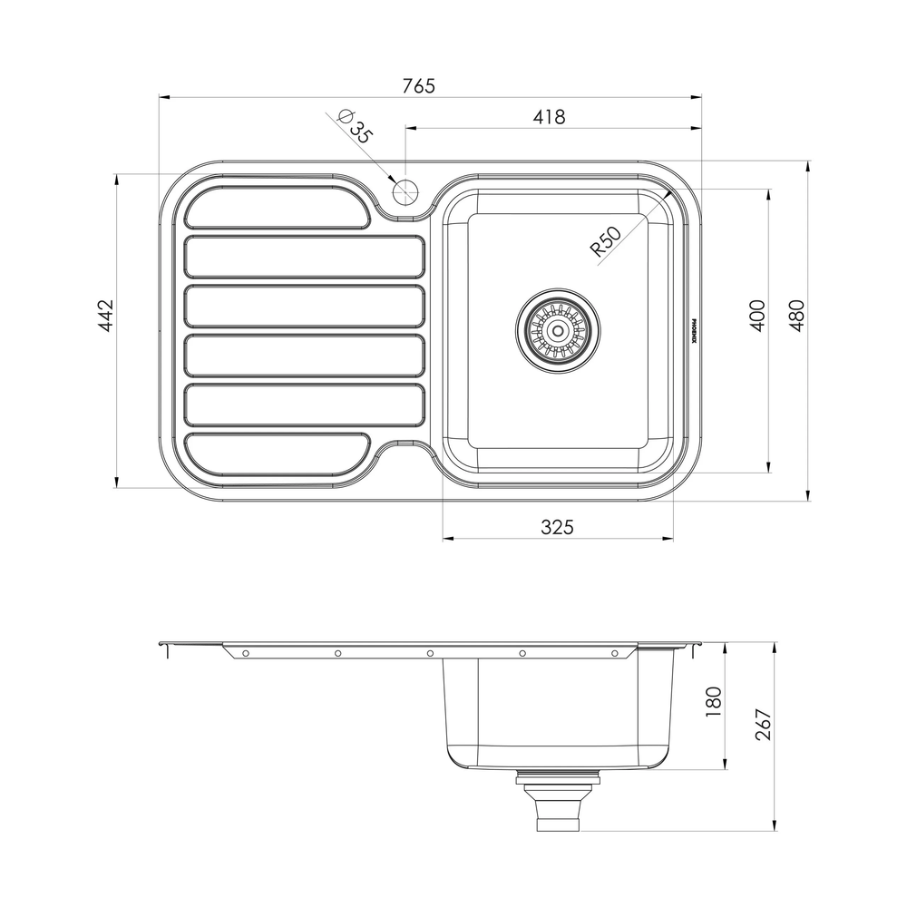 PHOENIX 1000 SERIES SINGLE BOWL SINK WITH DRAINER AND TAPHOLE 765MM