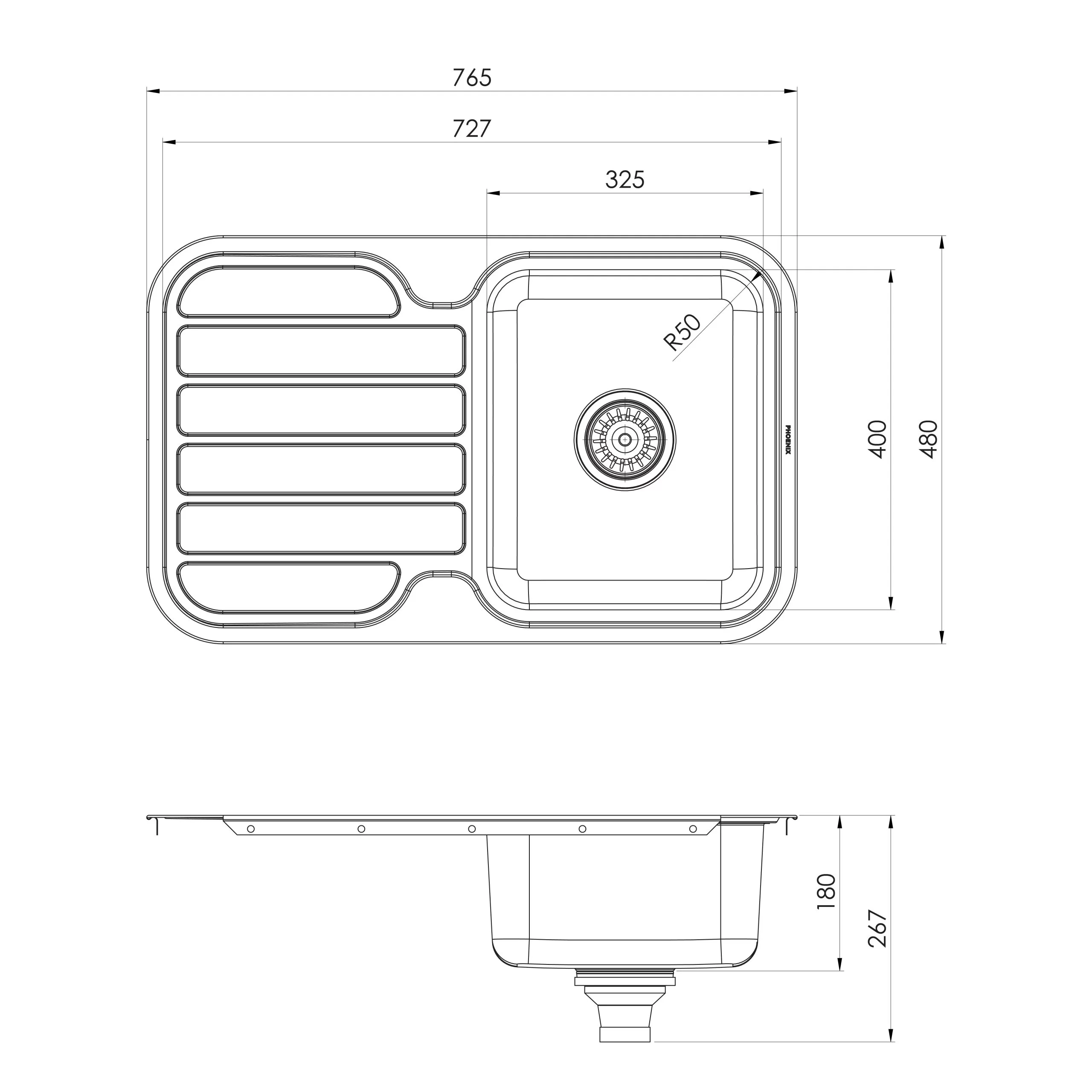 PHOENIX 1000 SERIES SINGLE BOWL SINK WITH DRAINER AND NO TAPHOLE 765MM