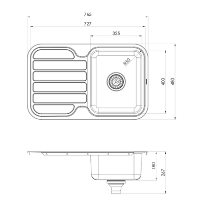 PHOENIX 1000 SERIES SINGLE BOWL SINK WITH DRAINER AND NO TAPHOLE 765MM