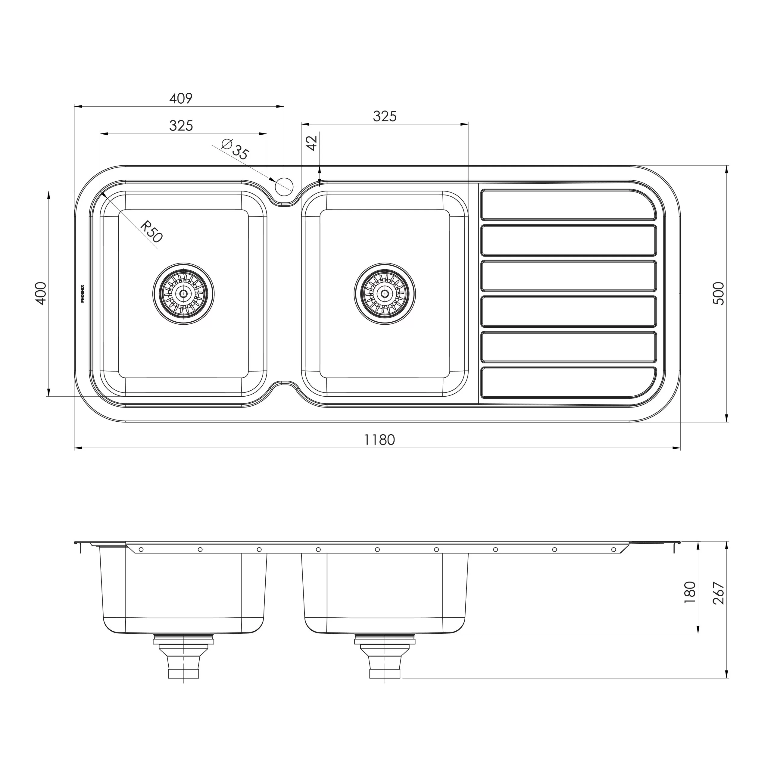 PHOENIX 1000 SERIES DOUBLE BOWL SINK WITH DRAINER AND TAPHOLE 1180MM
