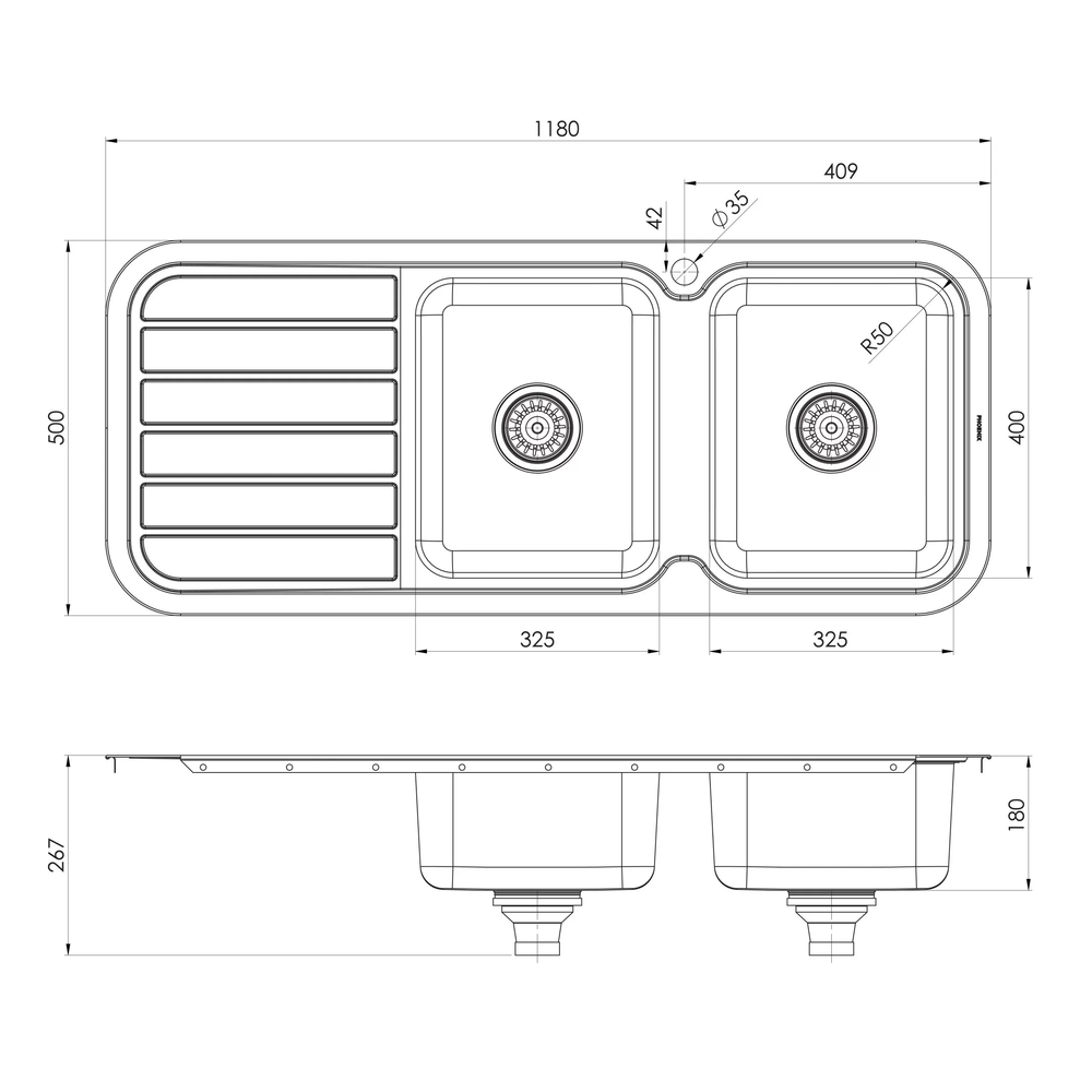 PHOENIX 1000 SERIES DOUBLE BOWL SINK WITH DRAINER AND TAPHOLE 1180MM