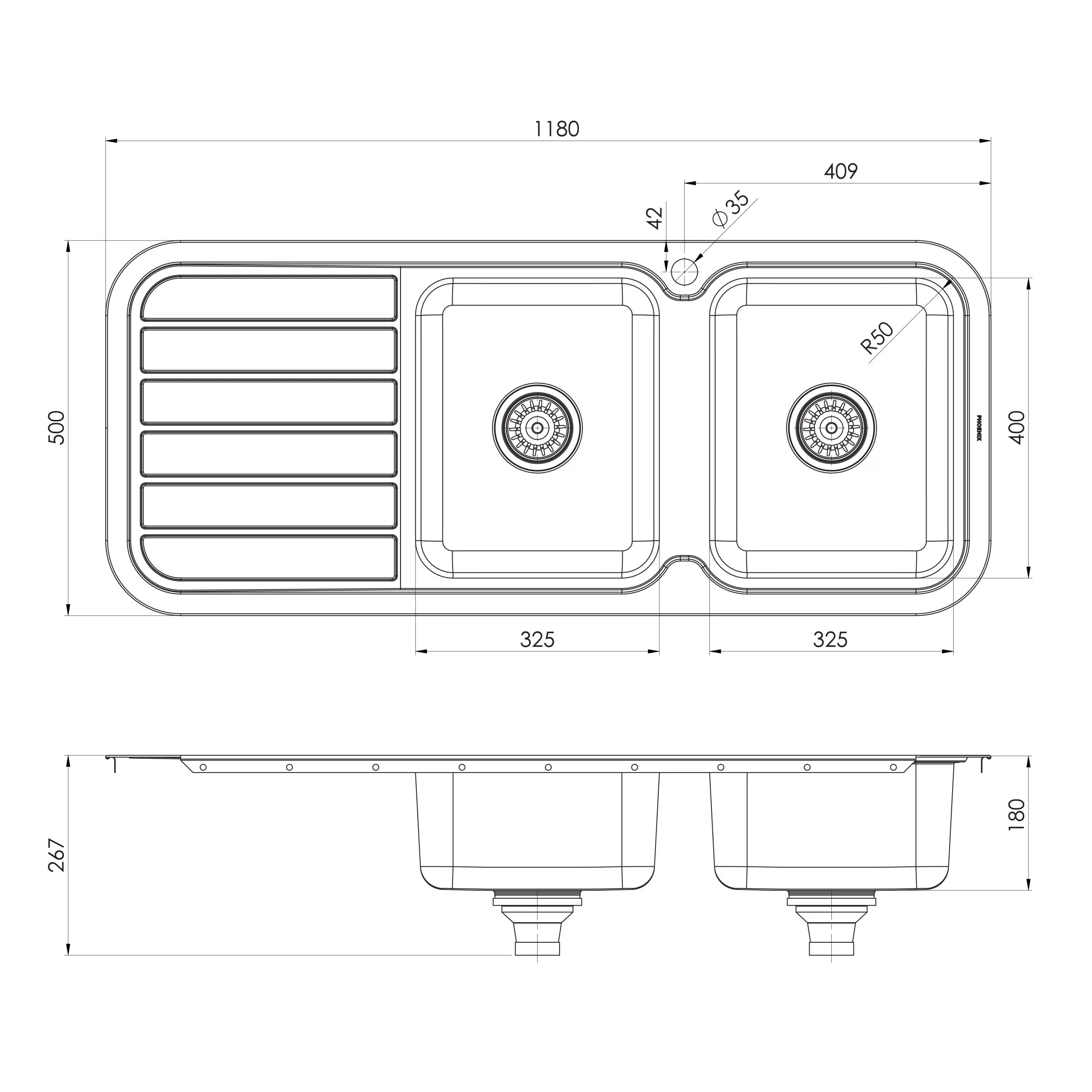 PHOENIX 1000 SERIES DOUBLE BOWL SINK WITH DRAINER AND TAPHOLE 1180MM