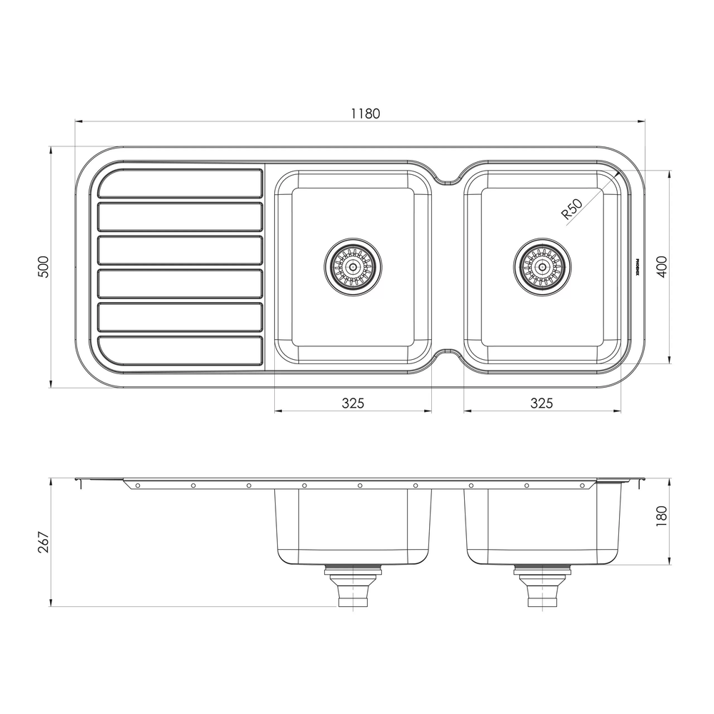 PHOENIX 1000 SERIES DOUBLE BOWL SINK WITH DRAINER AND NO TAPHOLE 1180MM