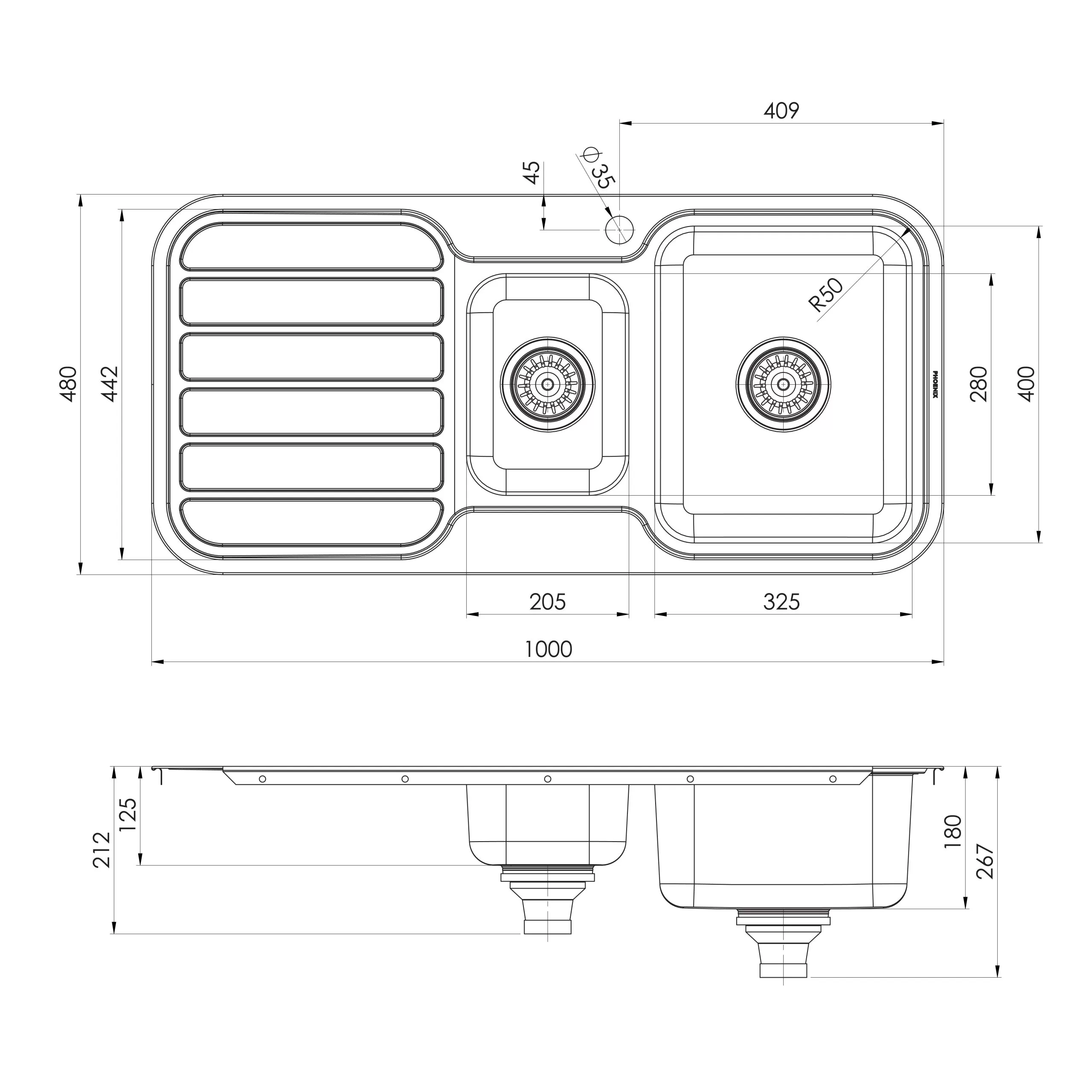 PHOENIX 1000 SERIES 1 AND 1/3 BOWL SINK WITH DRAINER AND TAPHOLE 1000MM