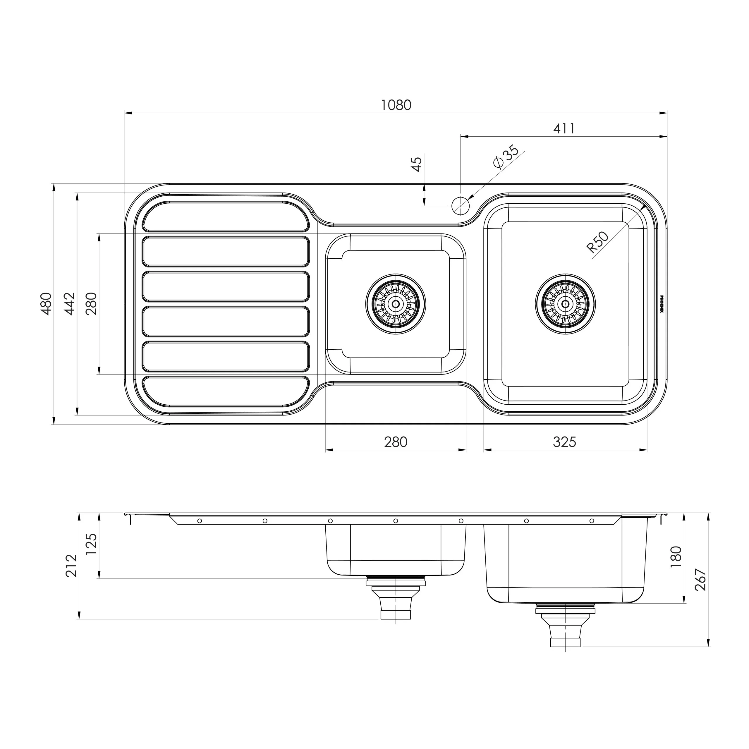PHOENIX 1000 SERIES 1 AND 3/4 BOWL SINK WITH DRAINER AND TAPHOLE 1080MM