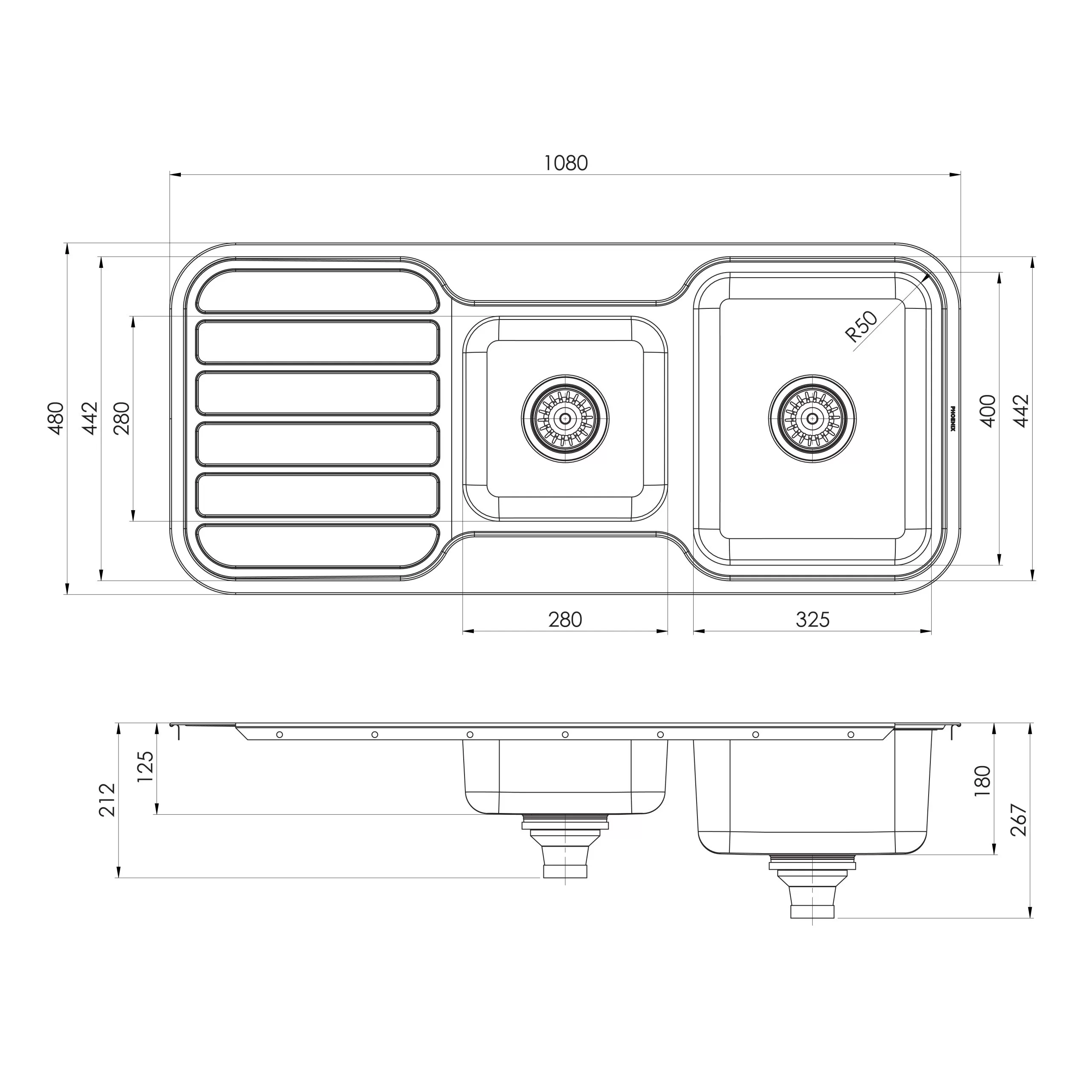 PHOENIX 1000 SERIES 1 AND 3/4 BOWL SINK WITH DRAINER AND NO TAPHOLE 1080MM