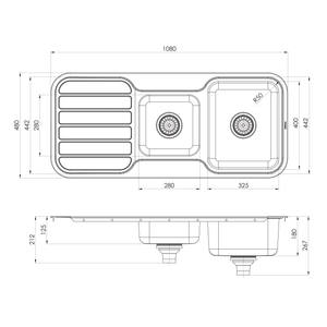 PHOENIX 1000 SERIES 1 AND 3/4 BOWL SINK WITH DRAINER AND NO TAPHOLE 1080MM