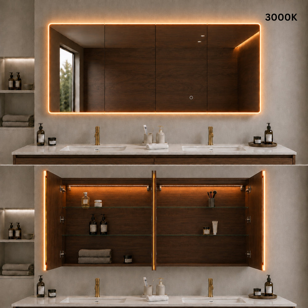 LUKKA AVOLA MOCHA OAK LED MIRROR SHAVING CABINET WITH 3 COLOUR LIGHTS 1500X750MM