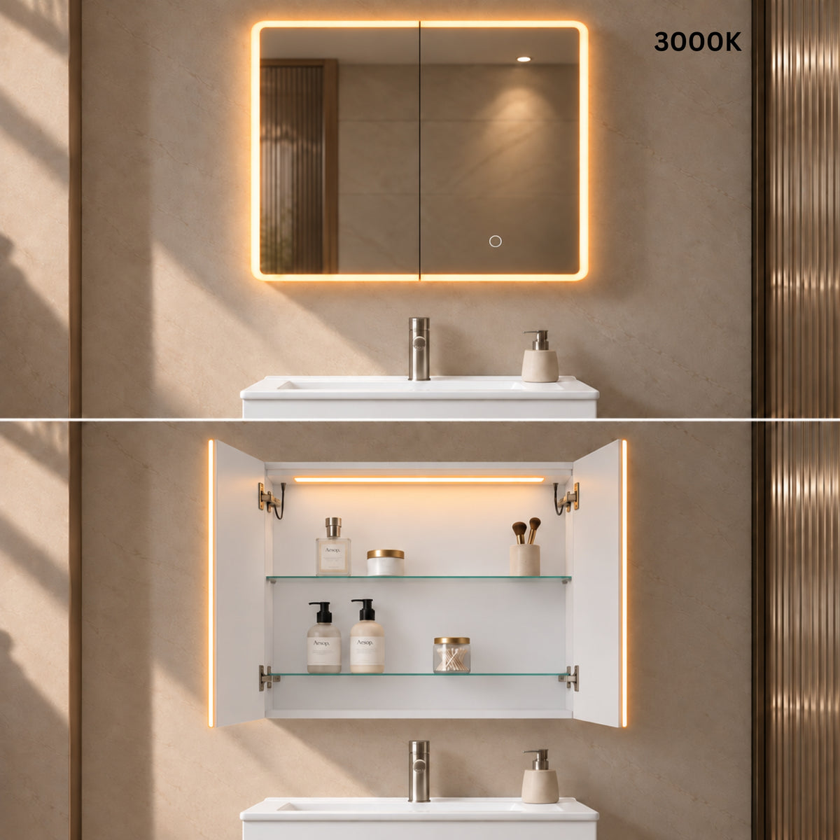 LUKKA AVOLA MATTE WHITE LED MIRROR SHAVING CABINET WITH 3 COLOUR LIGHTS 750X750MM