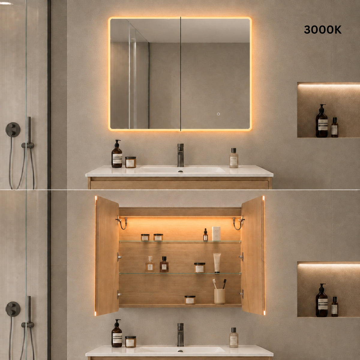 LUKKA AVOLA SANDY OAK LED MIRROR SHAVING CABINET WITH 3 COLOUR LIGHTS 900X750MM