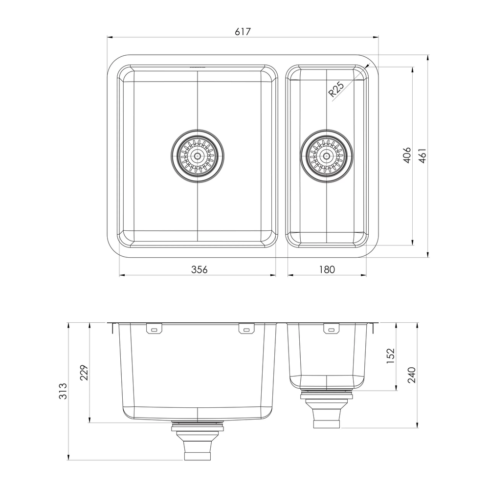 PHOENIX 2000 SERIES 1 AND 1/2 BOWL STAINLESS STEEL SINK 617MM