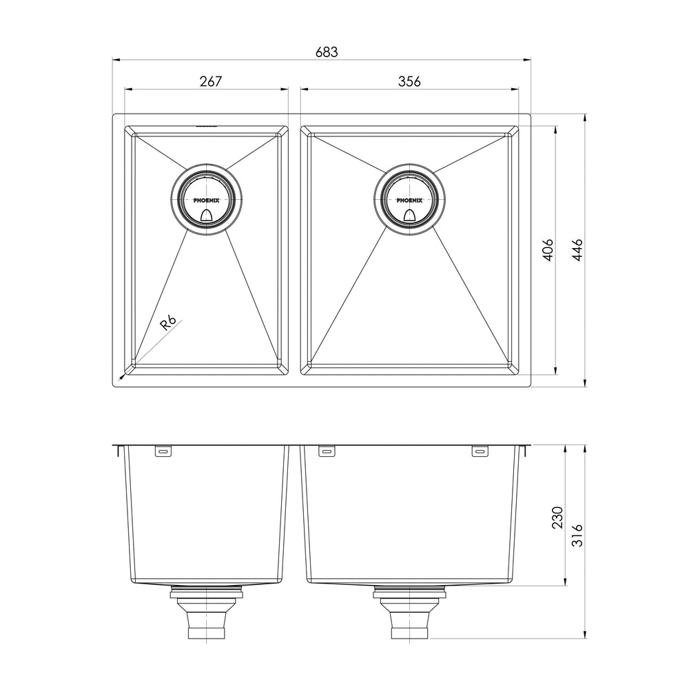 PHOENIX 4000 SERIES 1 AND 3/4 BOWL SINK BRUSHED CARBON 683MM