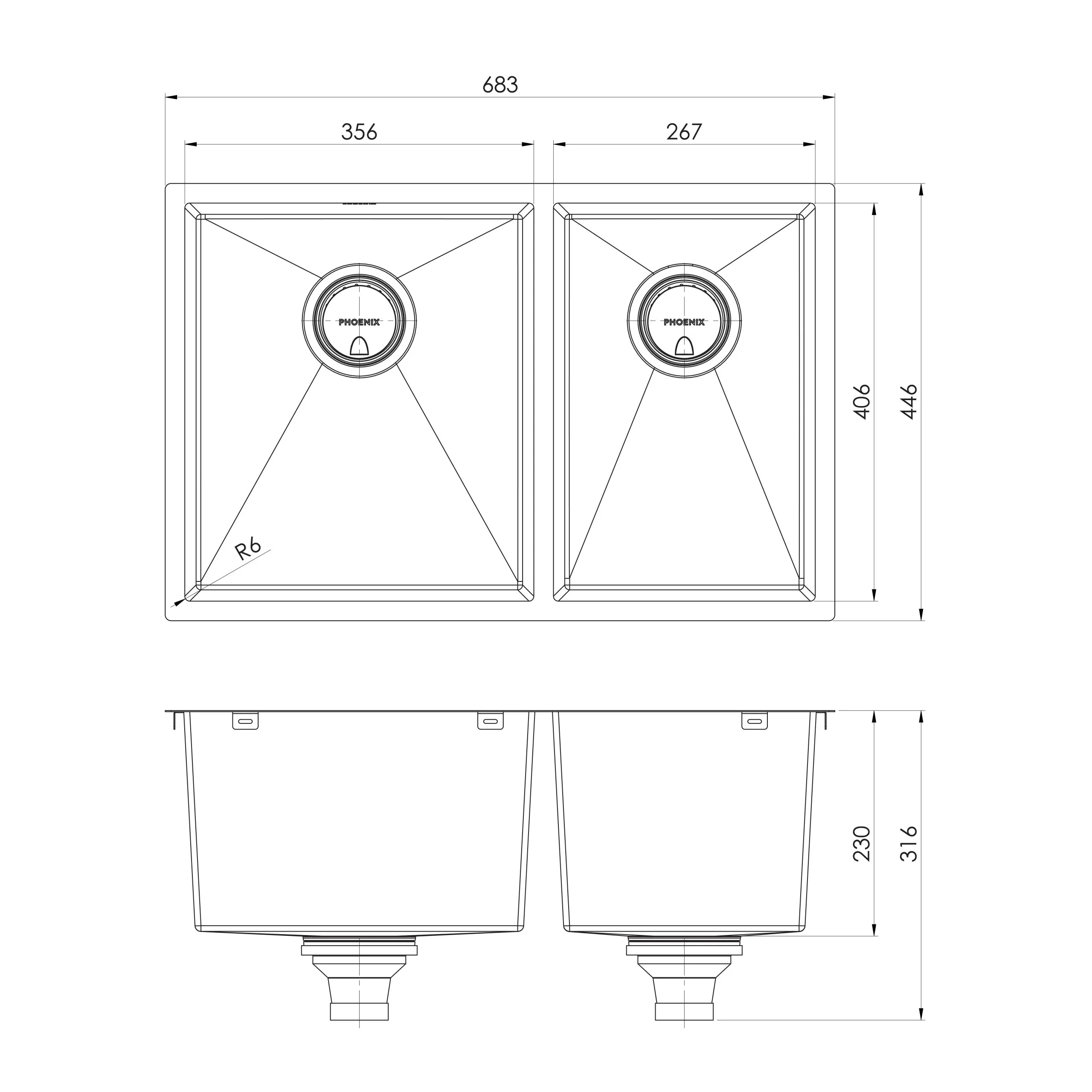 PHOENIX 4000 SERIES 1 AND 3/4 BOWL STAINLESS STEEL SINK 683MM