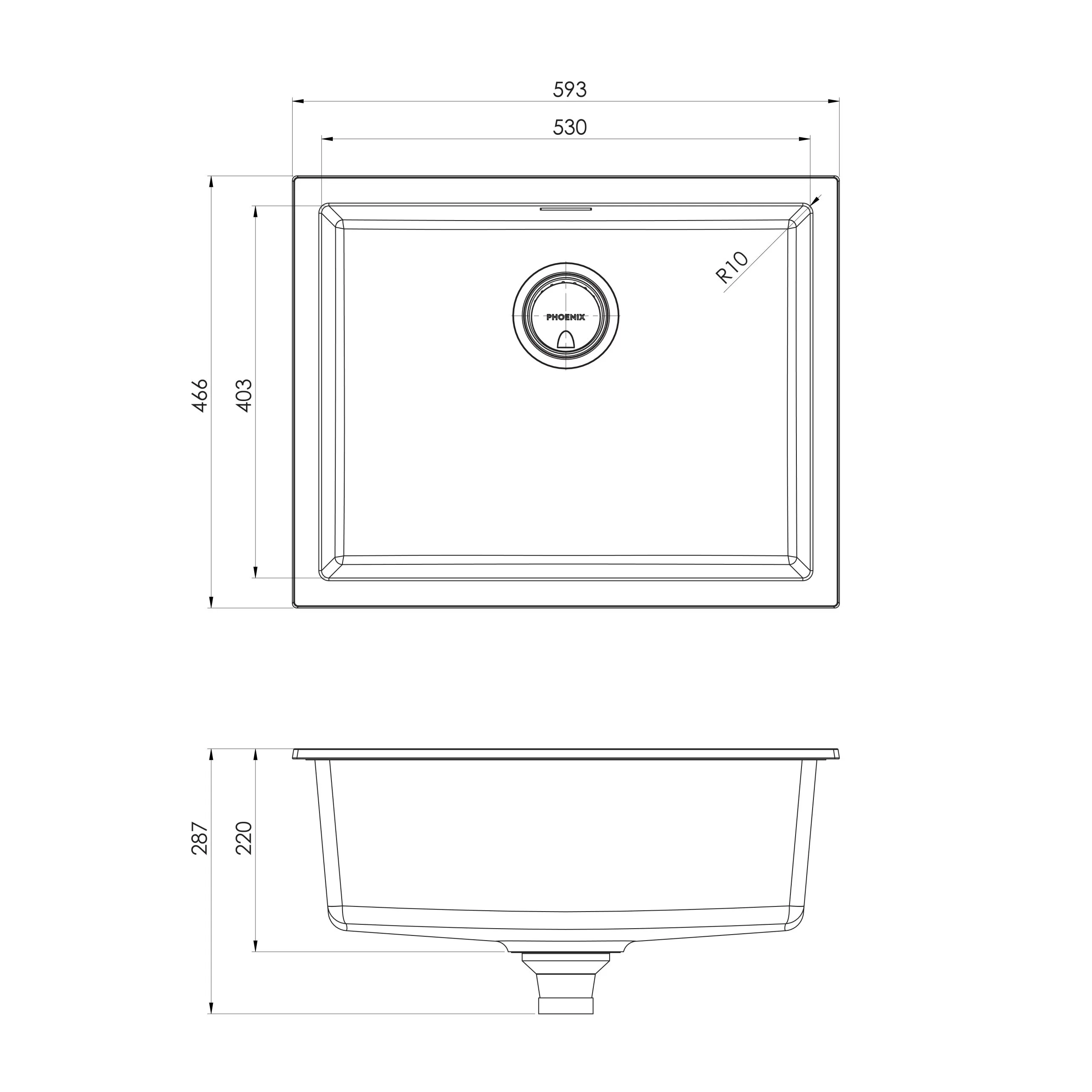 PHOENIX 5000 SERIES LARGE SINGLE BOWL SINK MATTE BLACK 593MM