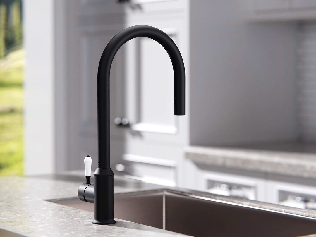 NERO YORK KITCHEN MIXER WITH WHITE PORCELAIN LEVER 347MM MATTE BLACK