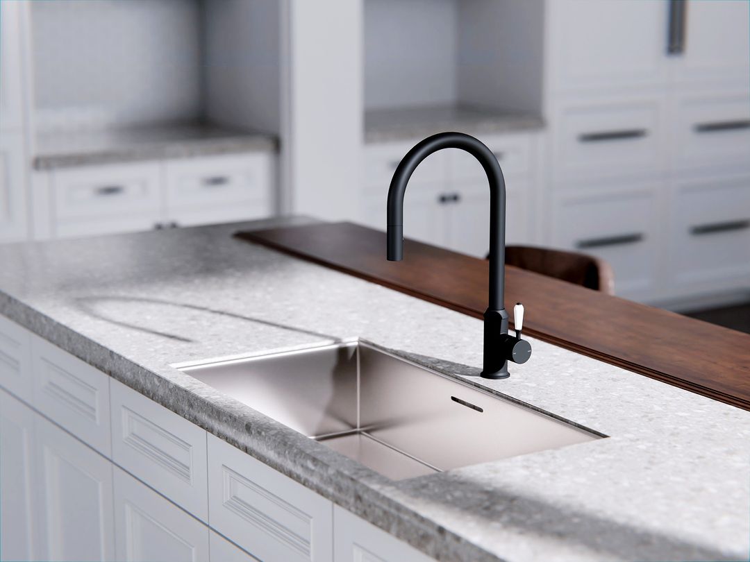 NERO YORK SPRAY PULL OUT SINK MIXER WITH WHITE PORCELAIN LEVER 457MM MATTE BLACK