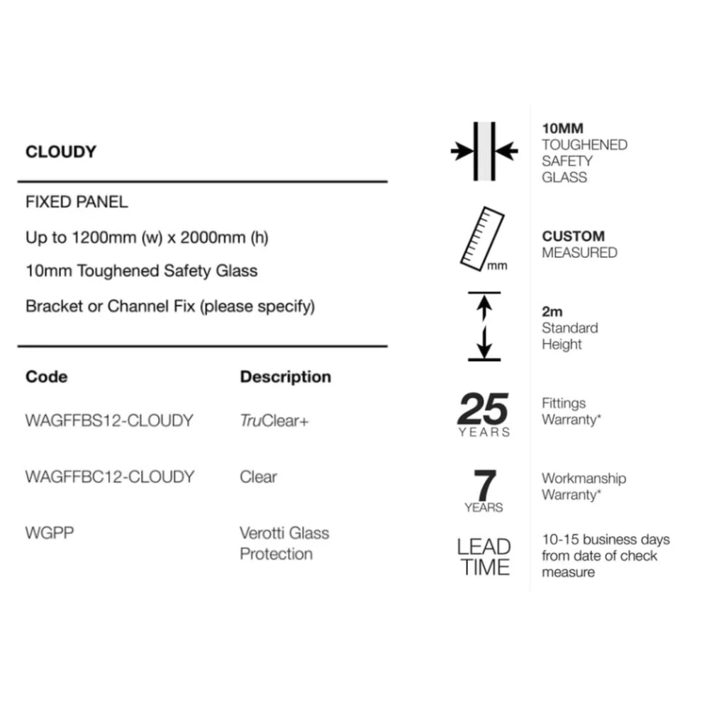 VEROTTI CLOUDY FRAMELESS SHOWER SCREEN WITH DIGITAL PRINT GLASS 1200X2000MM