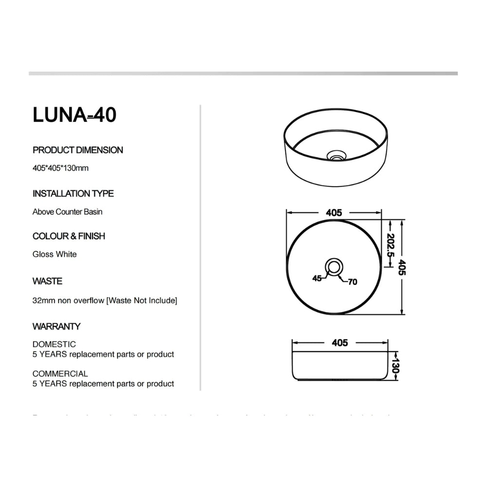 CLAYA ROUND ABOVE COUNTER BASIN GLOSS WHITE 405MM