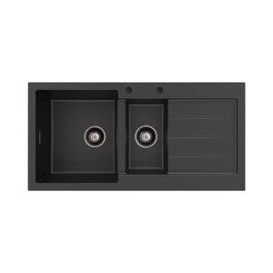 FIENZA KURO GRANITE DOUBLE BOWL KITCHEN SINK WITH DRAINER TWO TAP HOLE 1000MM