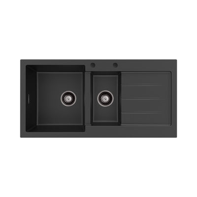 FIENZA KURO GRANITE DOUBLE BOWL KITCHEN SINK WITH DRAINER TWO TAP HOLE 1000MM