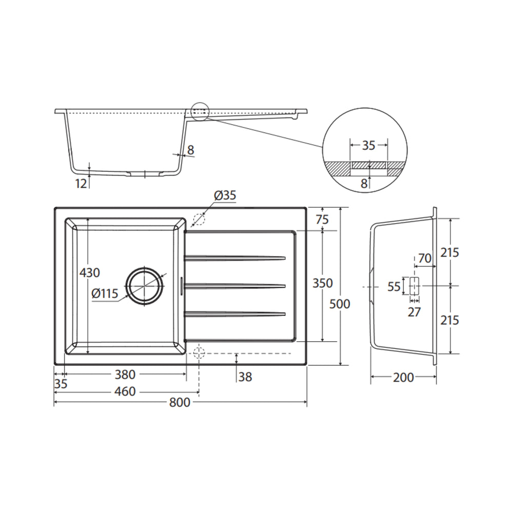 FIENZA KURO SINGLE BOWL KITCHEN SINK WITH DRAINER NO TAP HOLE 800MM
