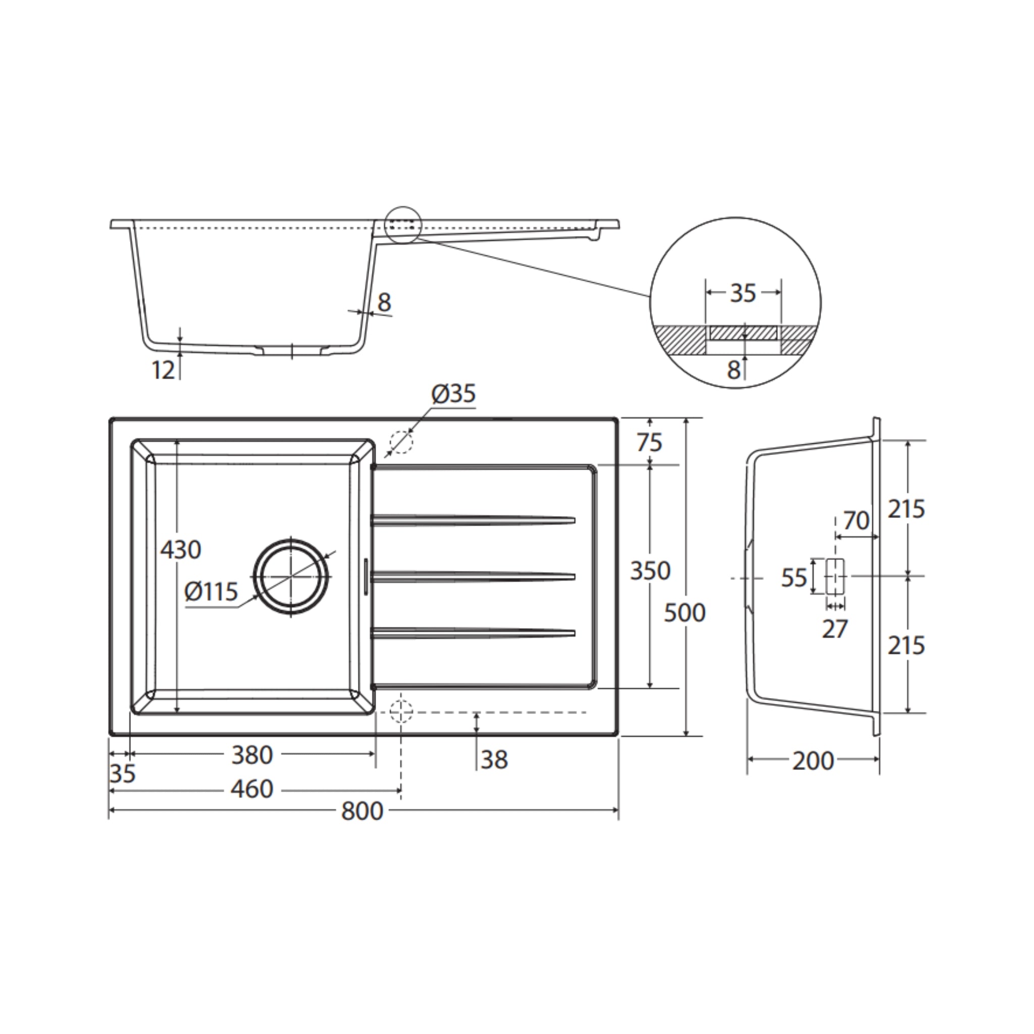 FIENZA KURO SINGLE BOWL KITCHEN SINK WITH DRAINER NO TAP HOLE 800MM