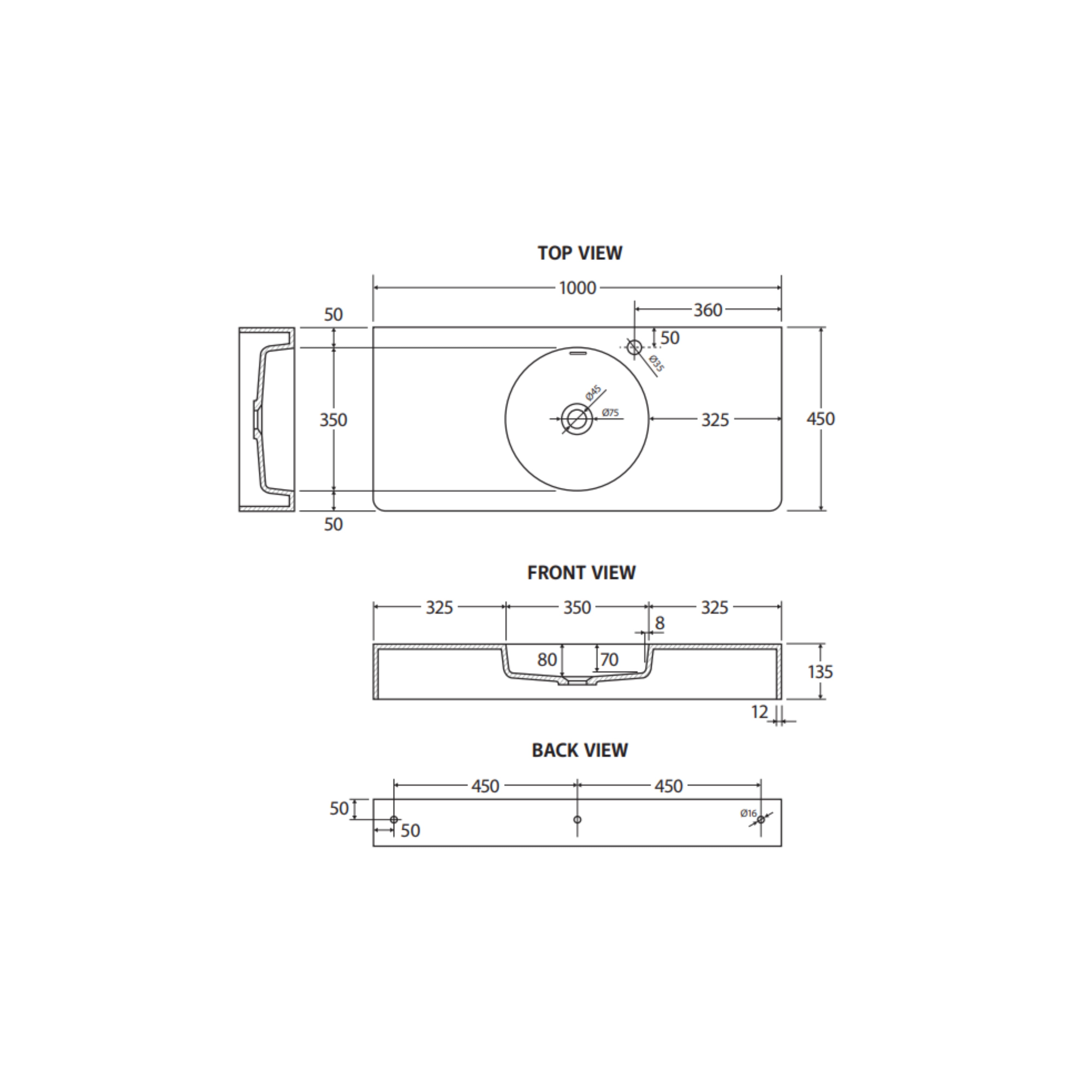 FIENZA ENCANTO SOLID SURFACE WALL HUNG BASIN MATTE WHITE 1000MM