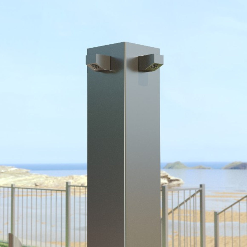 RAINWARE BEACH QUARTET FREESTANDING OUTDOOR TIME FLOW QUAD SHOWER AND DOUBLE FOOTWASH STAINLESS STEEL