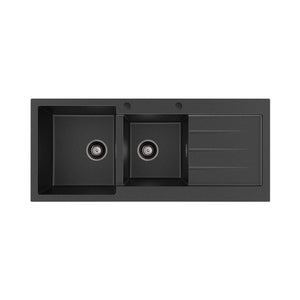 FIENZA KURO GRANITE DOUBLE BOWL KITCHEN SINK WITH DRAINER TWO TAP HOLE 1160MM