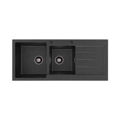 FIENZA KURO GRANITE DOUBLE BOWL KITCHEN SINK WITH DRAINER TWO TAP HOLE 1160MM