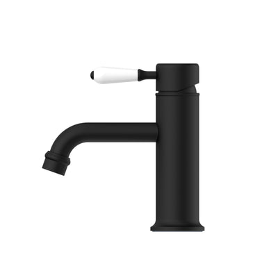 NERO YORK STRAIGHT BASIN MIXER WITH WHITE PORCELAIN LEVER 170MM MATTE BLACK