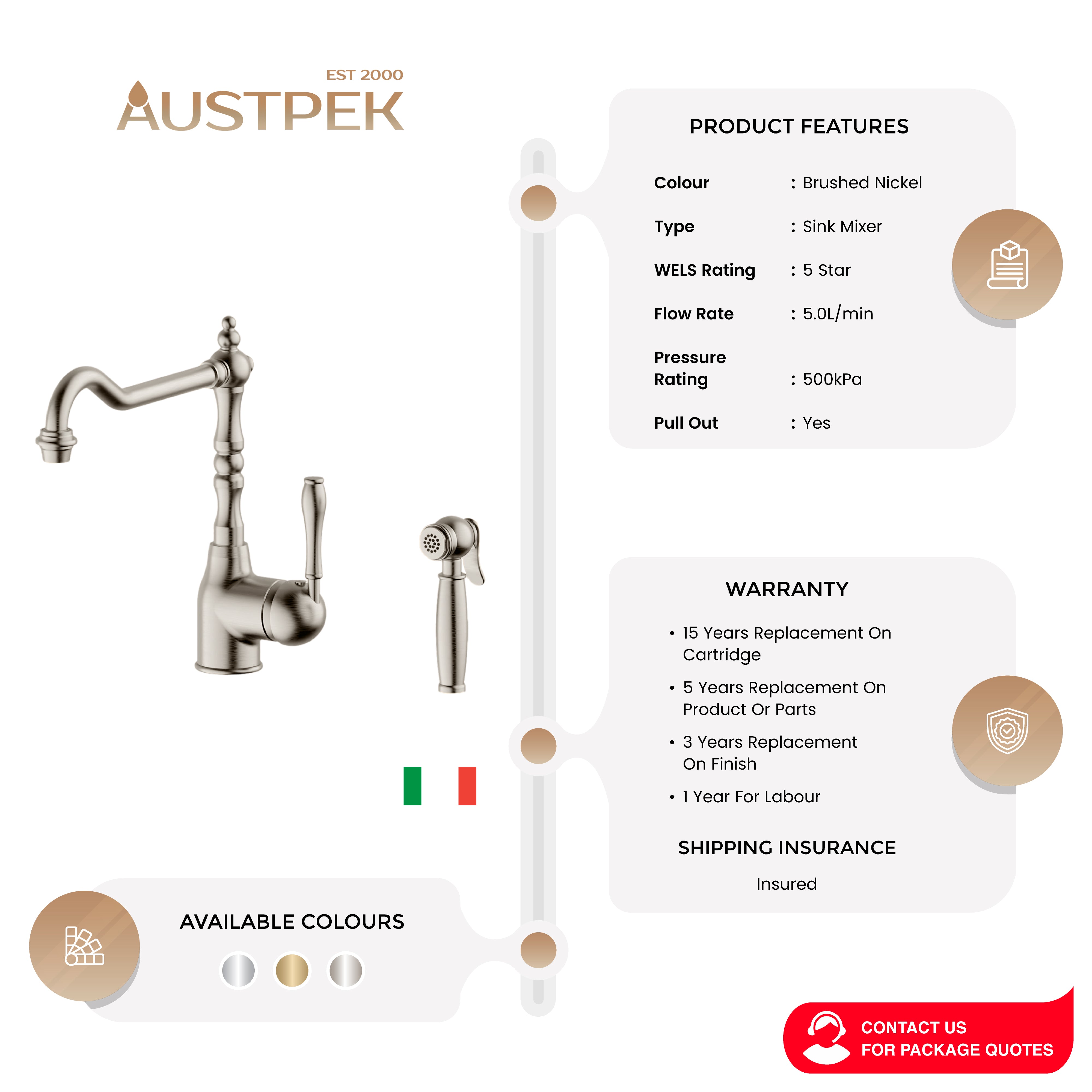 ARMANDO VICARIO PROVINCIAL PULL-OUT SINK MIXER WITH SIDE SPRAY BRUSHED NICKEL