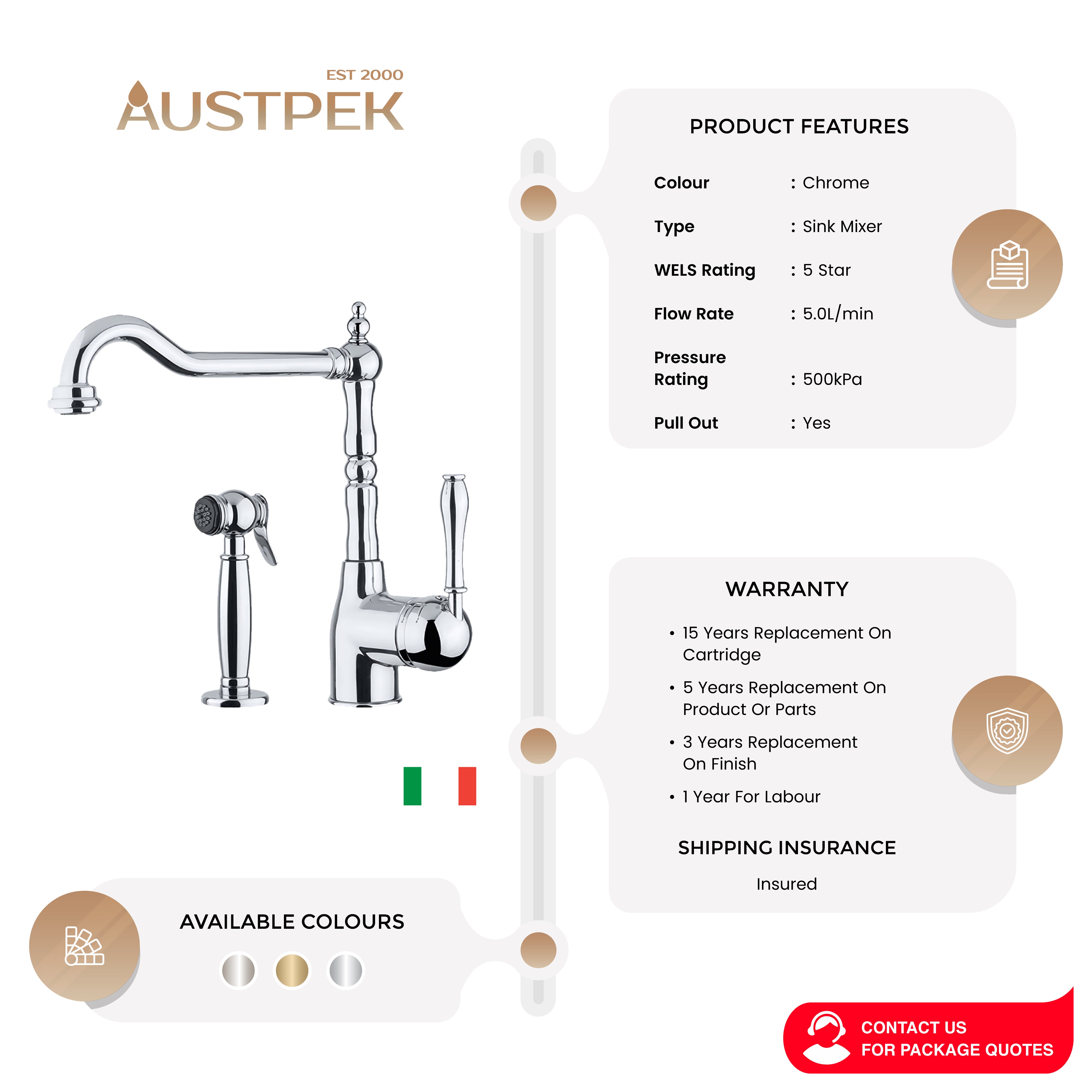 ARMANDO VICARIO PROVINCIAL PULL-OUT SINK MIXER WITH SIDE SPRAY CHROME