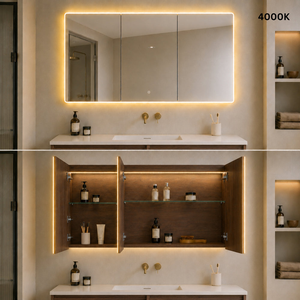 LUKKA AVOLA MOCHA OAK LED MIRROR SHAVING CABINET WITH 3 COLOUR LIGHTS 1200X750MM