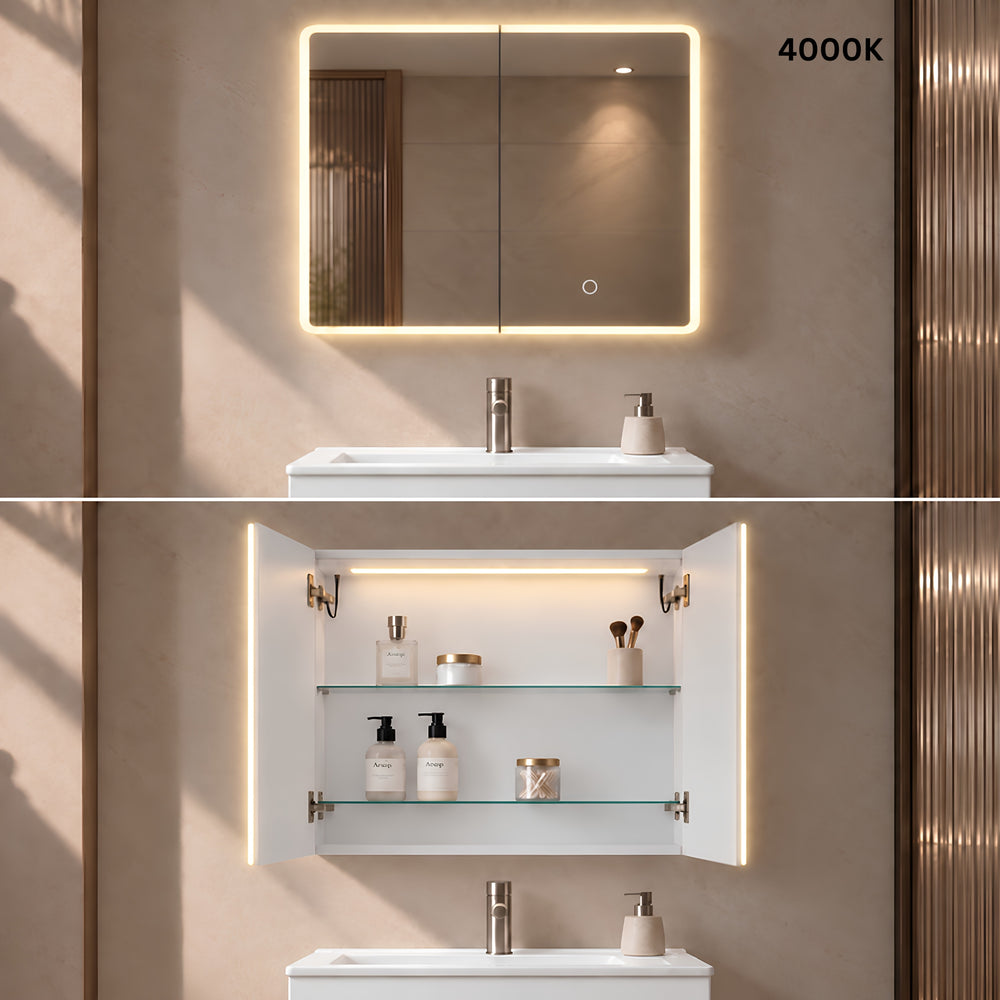 LUKKA AVOLA MATTE WHITE LED MIRROR SHAVING CABINET WITH 3 COLOUR LIGHTS 750X750MM