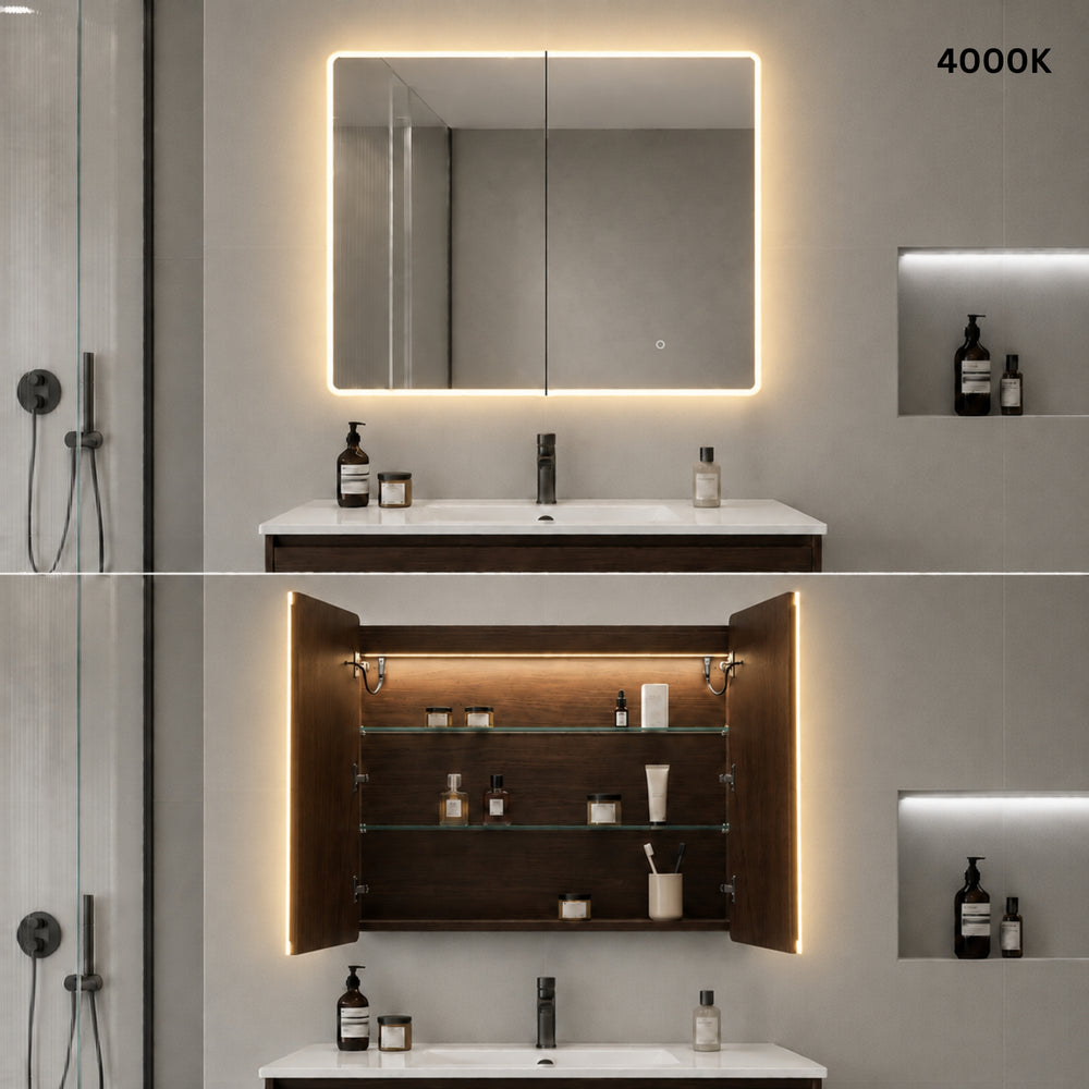 LUKKA AVOLA MOCHA OAK LED MIRROR SHAVING CABINET WITH 3 COLOUR LIGHTS 900X750MM