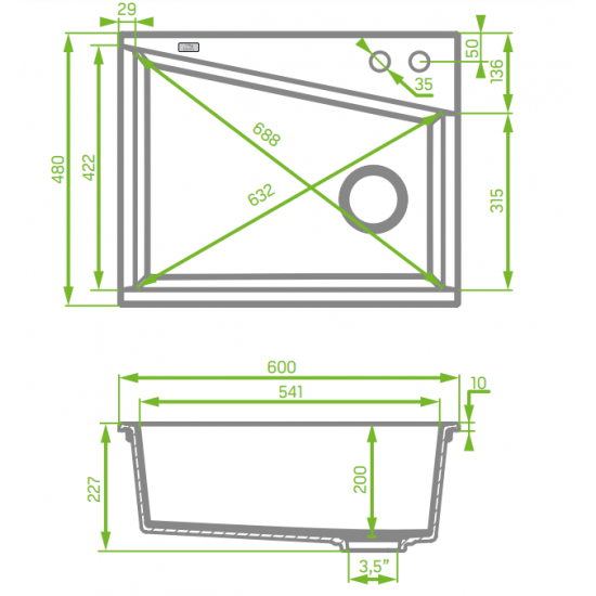 AQUAPERLA UNDERMOUNT SINGLE BOWL SINK GREY GRANITE 480MM