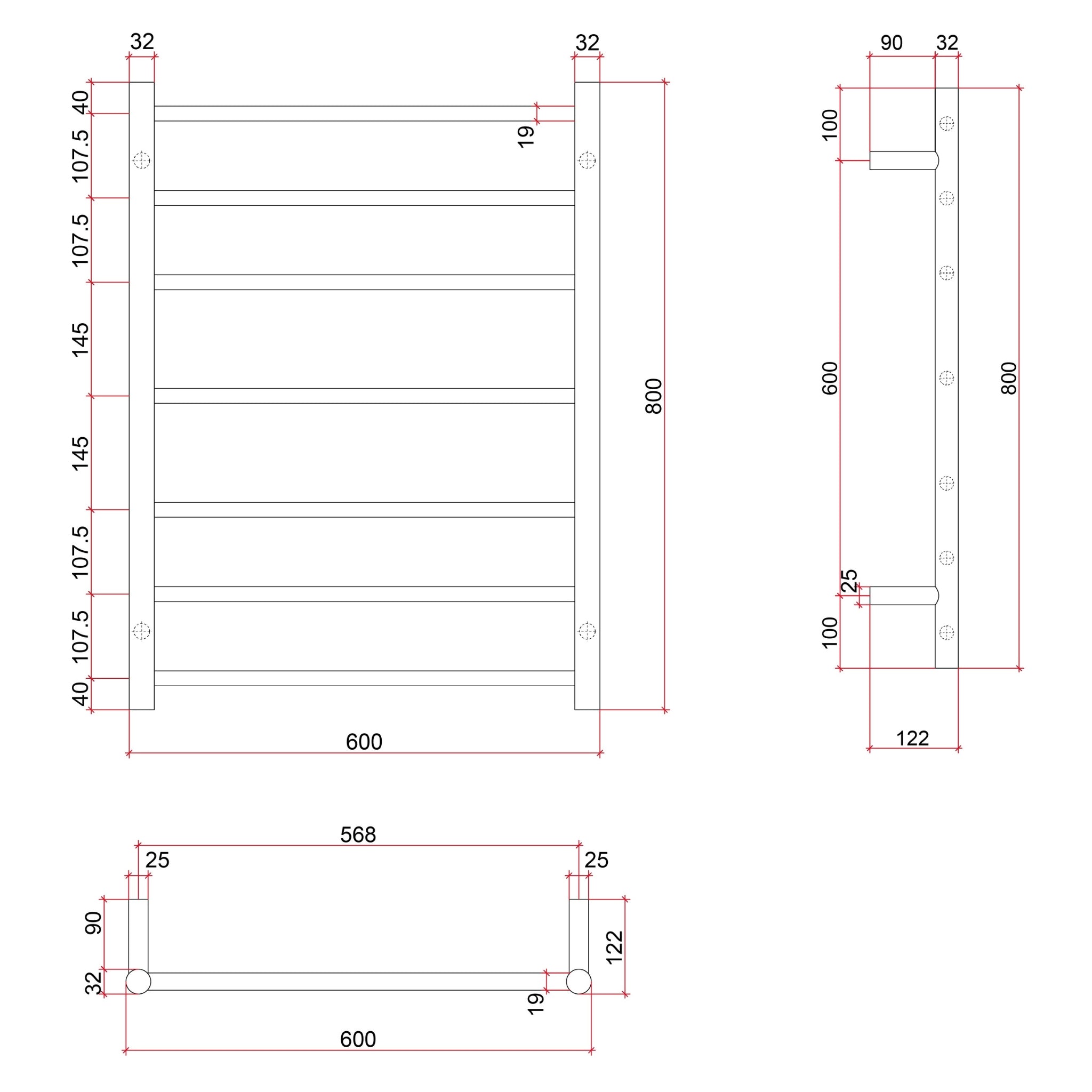 THERMOGROUP ROUND LADDER HEATED TOWEL RAIL SATIN WHITE 600MM