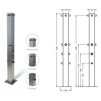 RAINWARE BEACH QUARTET FREESTANDING OUTDOOR TIME FLOW QUAD SHOWER AND DOUBLE FOOTWASH STAINLESS STEEL