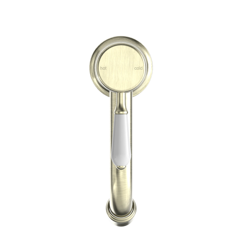 NERO YORK STRAIGHT BASIN MIXER WITH WHITE PORCELAIN LEVER 170MM AGED BRASS