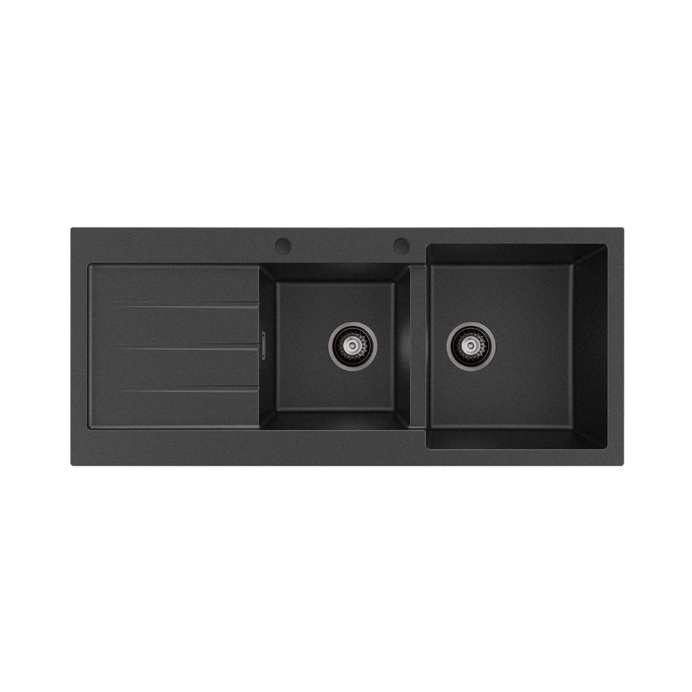 FIENZA KURO GRANITE DOUBLE BOWL KITCHEN SINK WITH DRAINER TWO TAP HOLE 1160MM