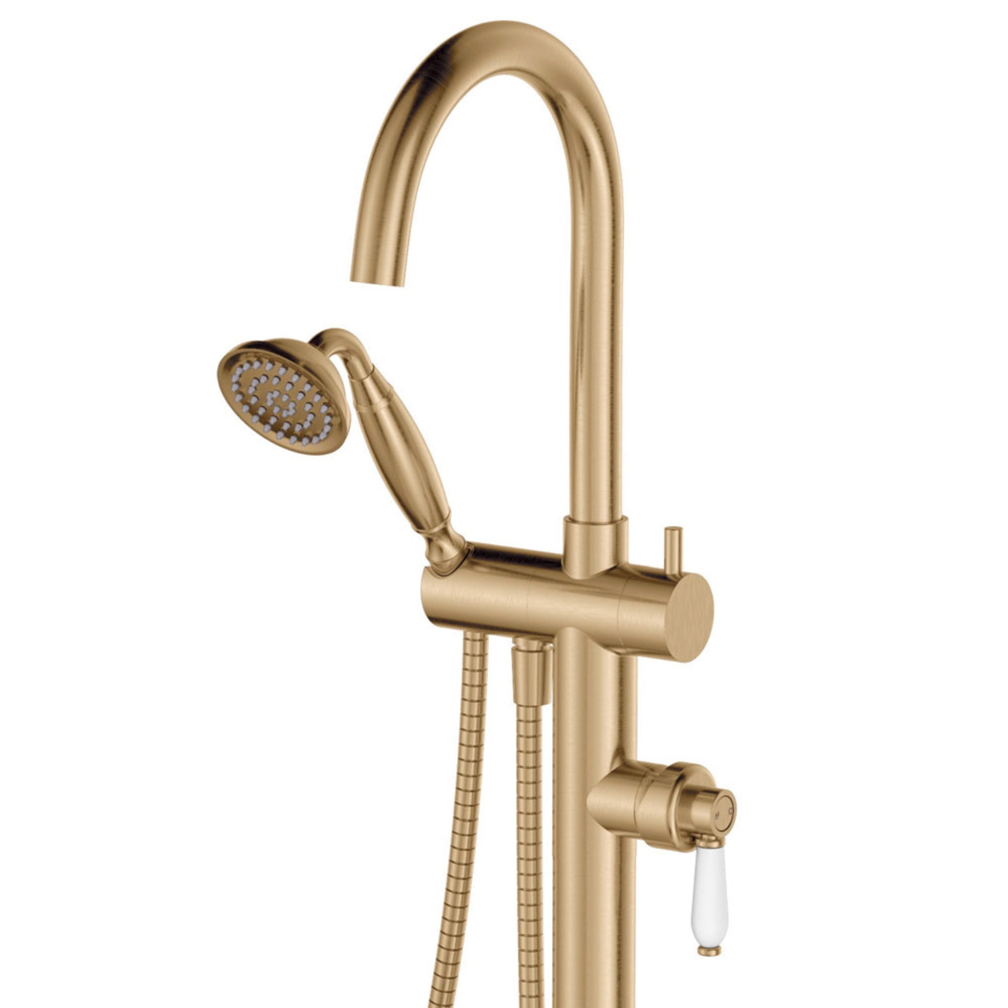 FIENZA ELEANOR FLOOR STANDING BATH MIXER WITH HAND SHOWER CERAMIC HANDLE URBAN BRASS