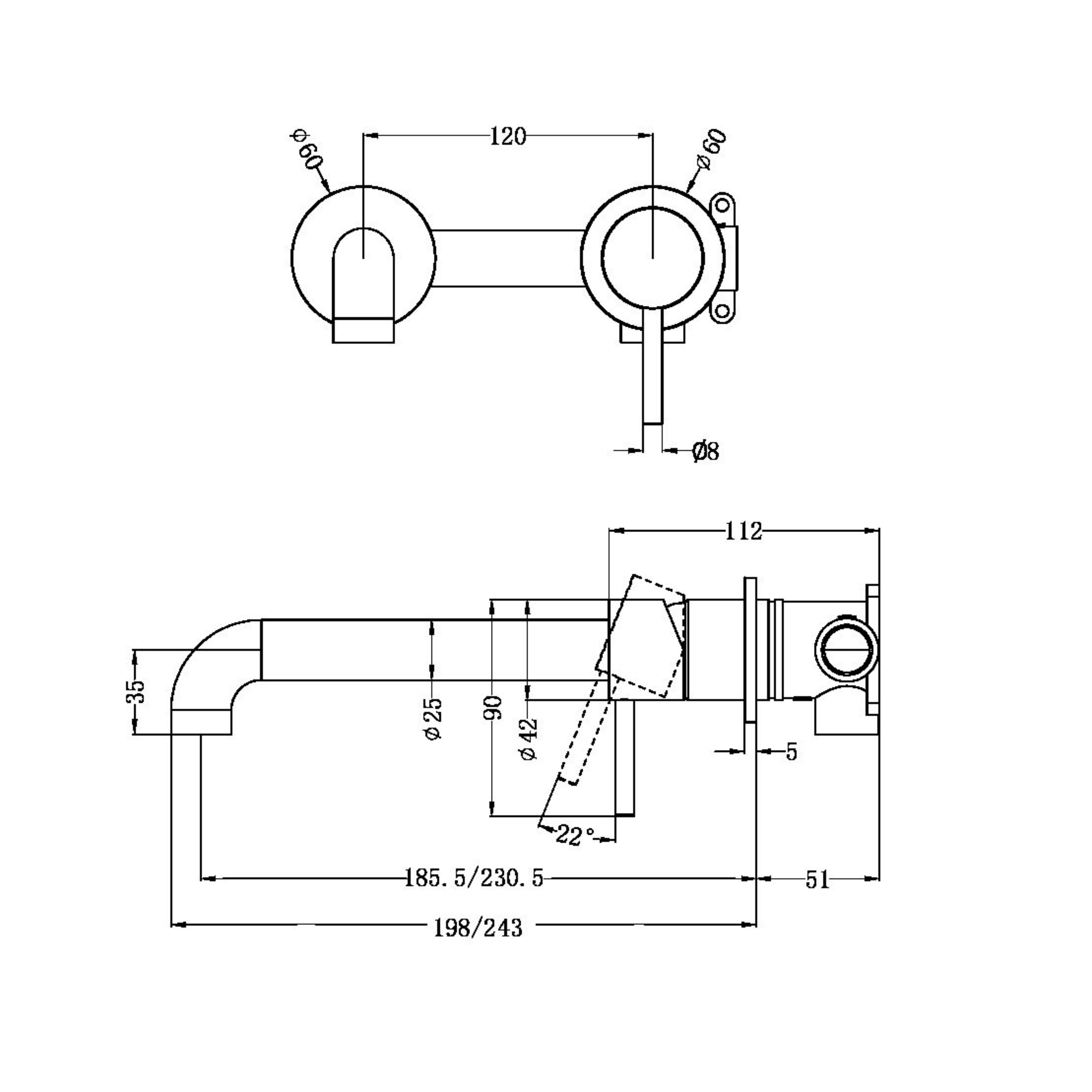 NERO ZEN WALL BASIN/BATH MIXER SEPARATE BACK PLATE SPOUT BRUSHED GOLD (AVAILABLE IN 185MM AND 230MM )