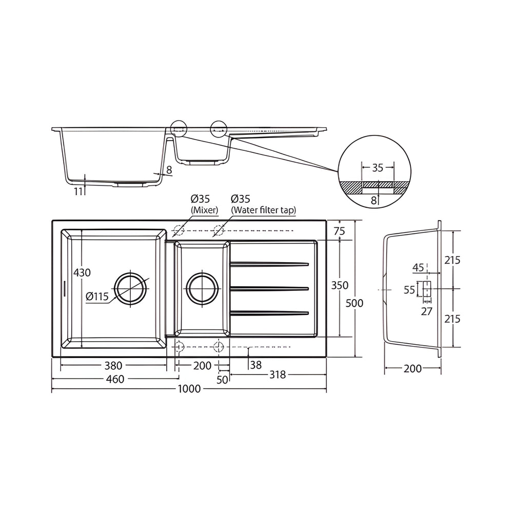 FIENZA KURO GRANITE DOUBLE BOWL KITCHEN SINK WITH DRAINER TWO TAP HOLE 1000MM