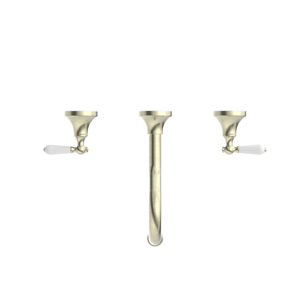 NERO YORK THREE PIECE WALL BASIN SET WITH WHITE PORCELAIN LEVER AGED BRASS